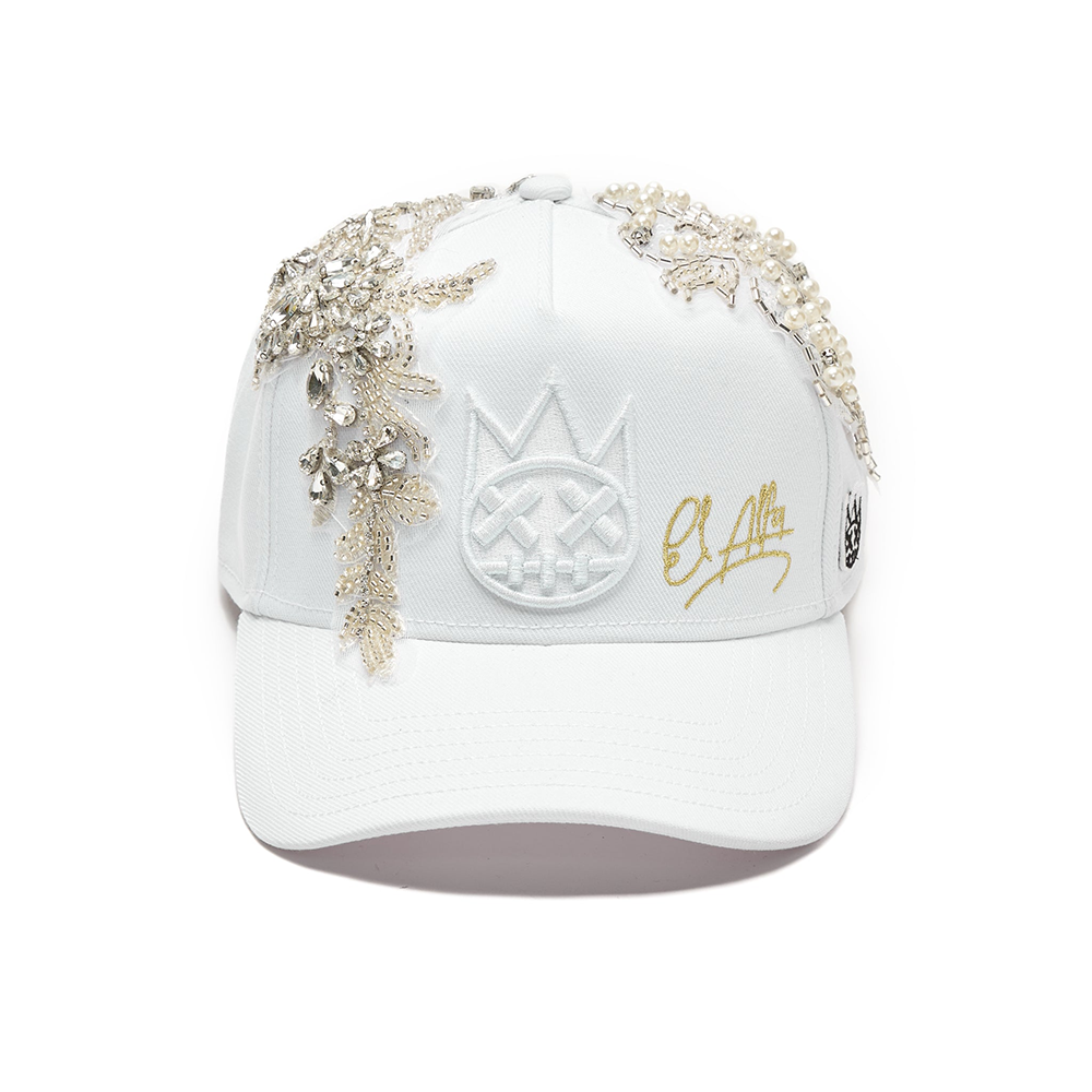Cult X El Alfa Lurex Emb Logo 5 Panel A Frame Trucker Hat in White
