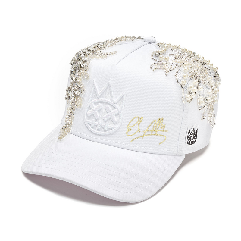 Cult X El Alfa Lurex Emb Logo 5 Panel A Frame Trucker Hat in White