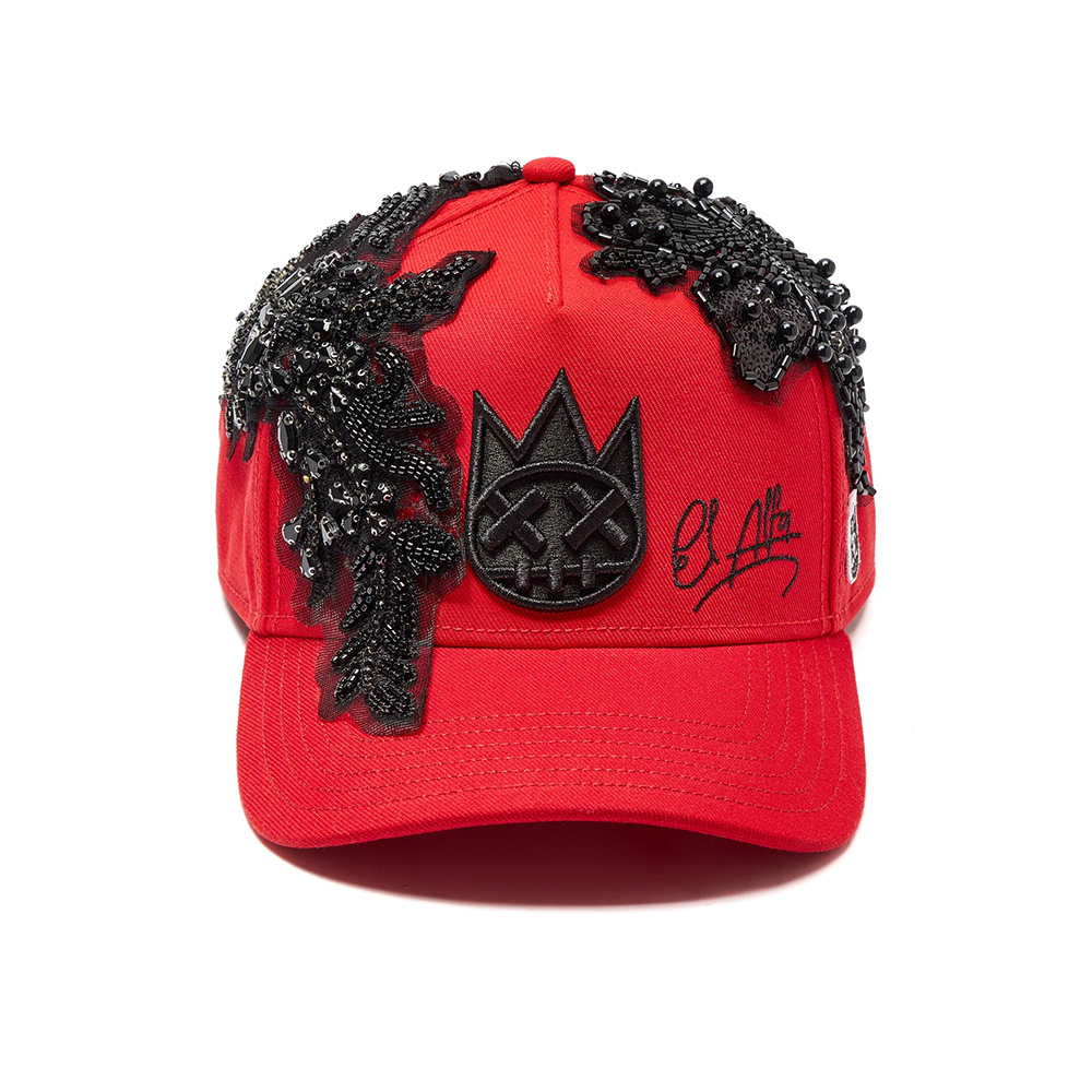 Cult X El Alfa Lurex Emb Logo 5 Panel A Frame Trucker Hat in Red