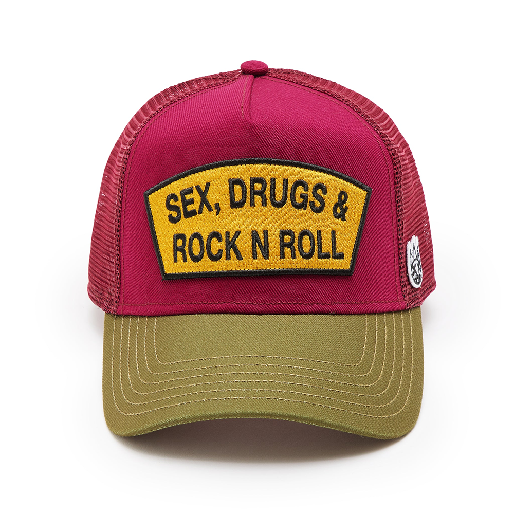 Cult's Logo Mesh Back Trucker Hat "Sex Drugs Rock N Roll" in Rumba Red