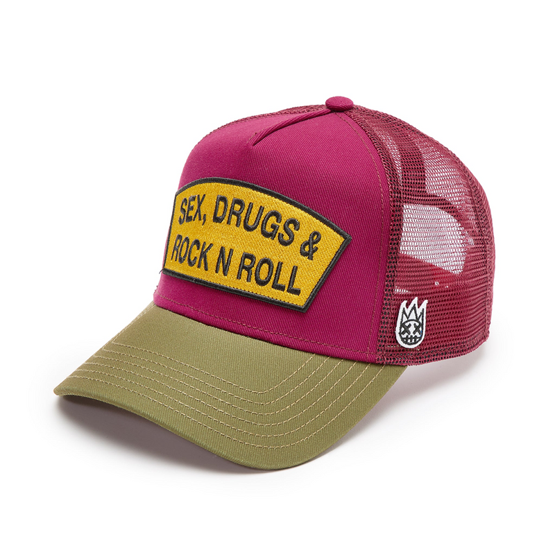 Cult's Logo Mesh Back Trucker Hat "Sex Drugs Rock N Roll" in Rumba Red