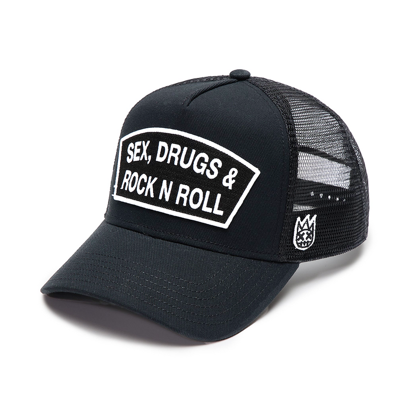 Cult's Logo Mesh Back Trucker Hat "Sex Drugs Rock N Roll" in Black