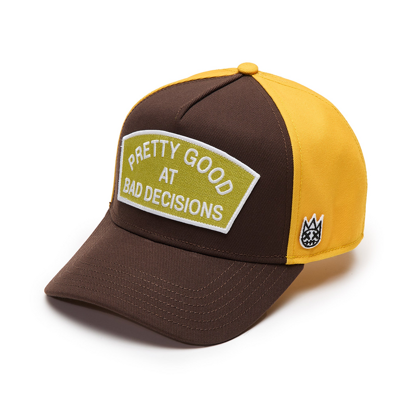 Cult's Logo Mesh Back Trucker Hat "Good At Bad Decisions" in Chocolate